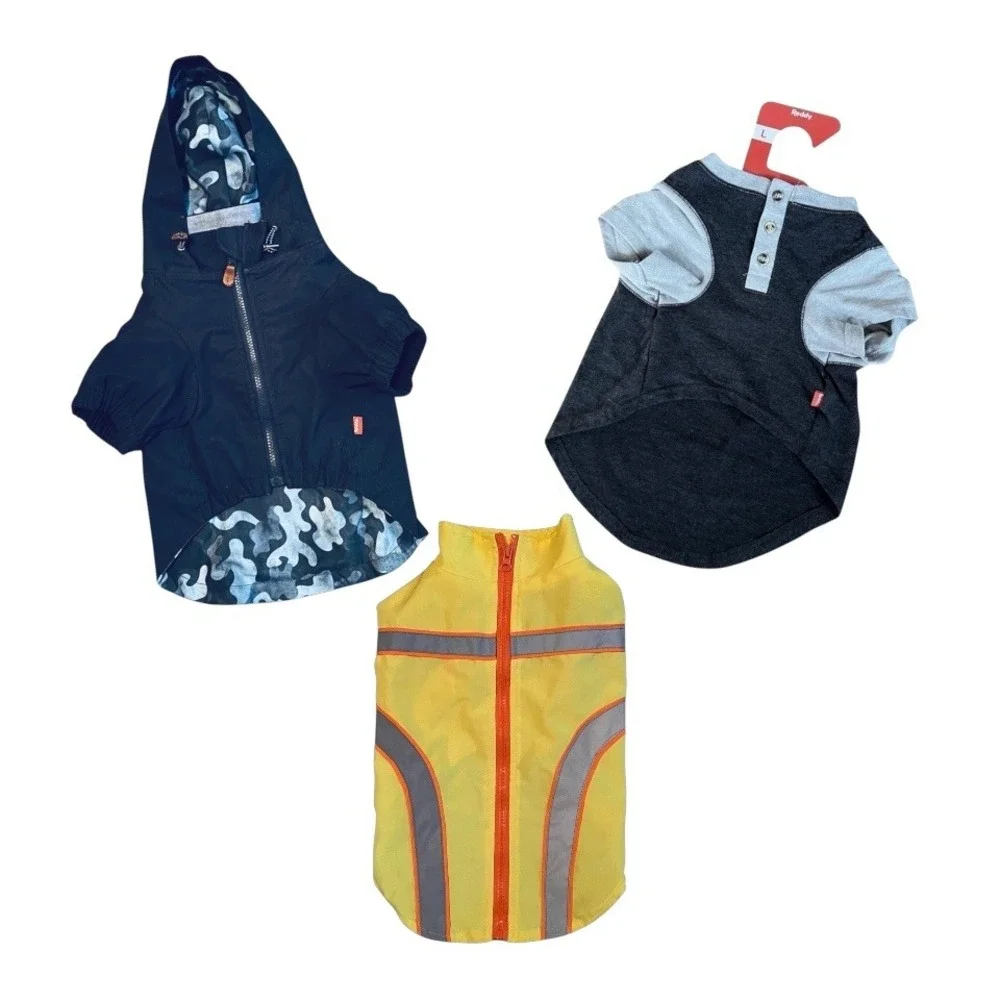 Dog Clothes Lot: Hooded Coat, Jersey Shirt, & Safety Vest Bundle Dog Rain Coat